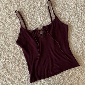 Maroon ribbed lace up tank top